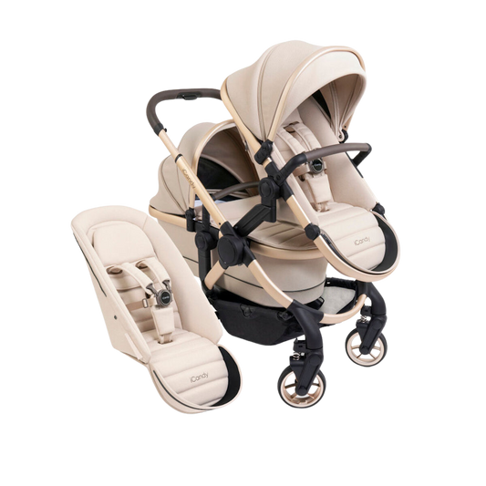 iCandy Peach double stroller with bassinet in Biscotti