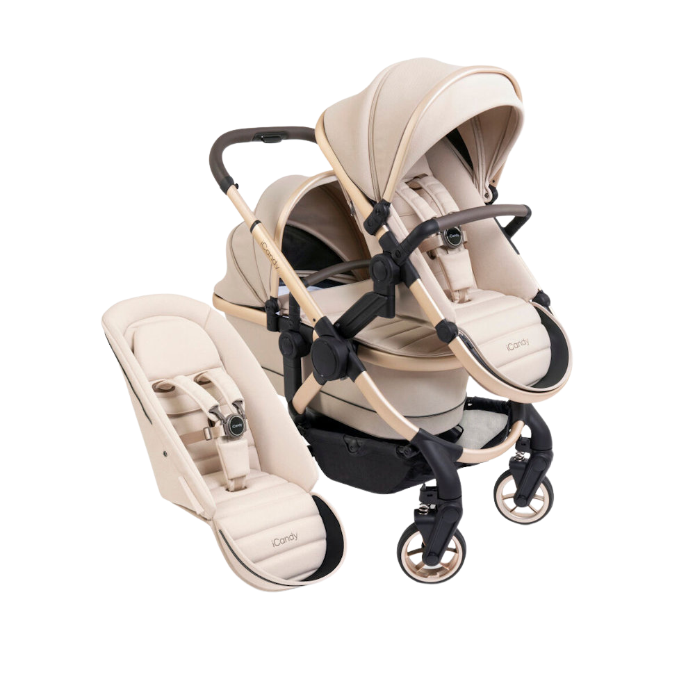 iCandy Peach double stroller with bassinet in Biscotti