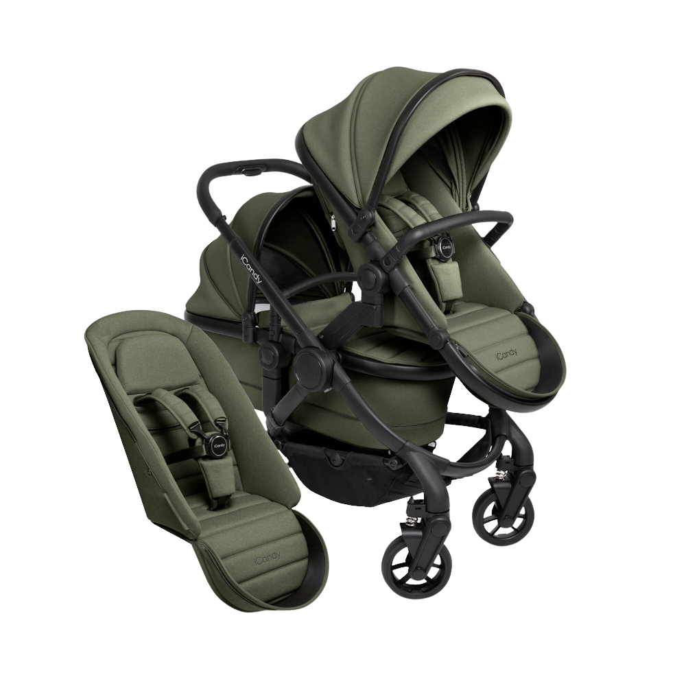 iCandy Peach double stroller with bassinet in Ivy