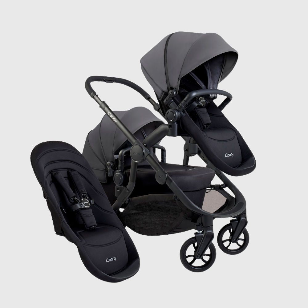 iCandy Orange 4 Double in Fossil as a bassinet and stroller with the extra seat fabric