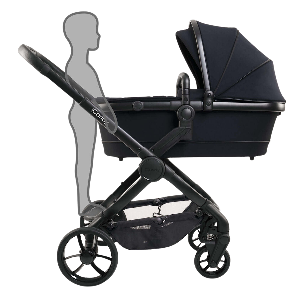 iCandy Peach Stroller7 Black Edition showing the integrated ride on board for an older child